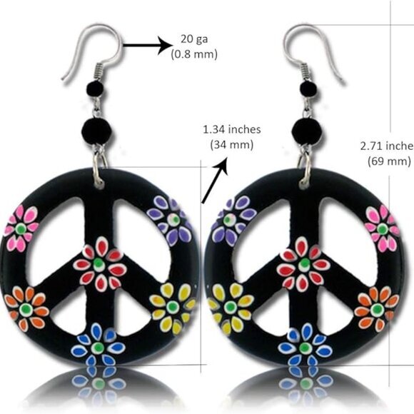 Peace Sign Dangle Earrings with Organic Wood Hippie Accessories and Costume - Picture 2 of 6